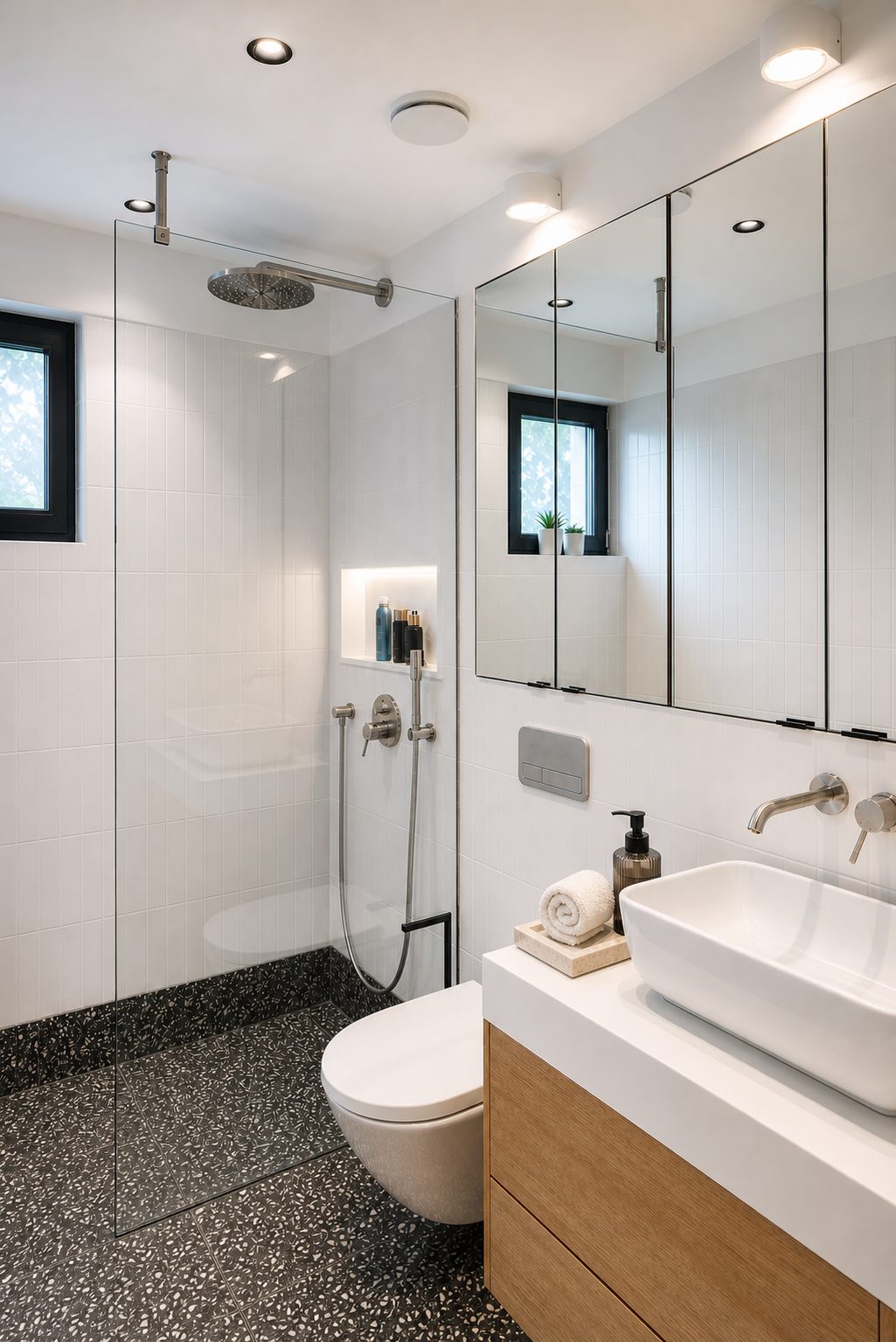 Bad mit bodengleicher Walk-in-Dusche, Terrazzoboden und Spiegelschrank