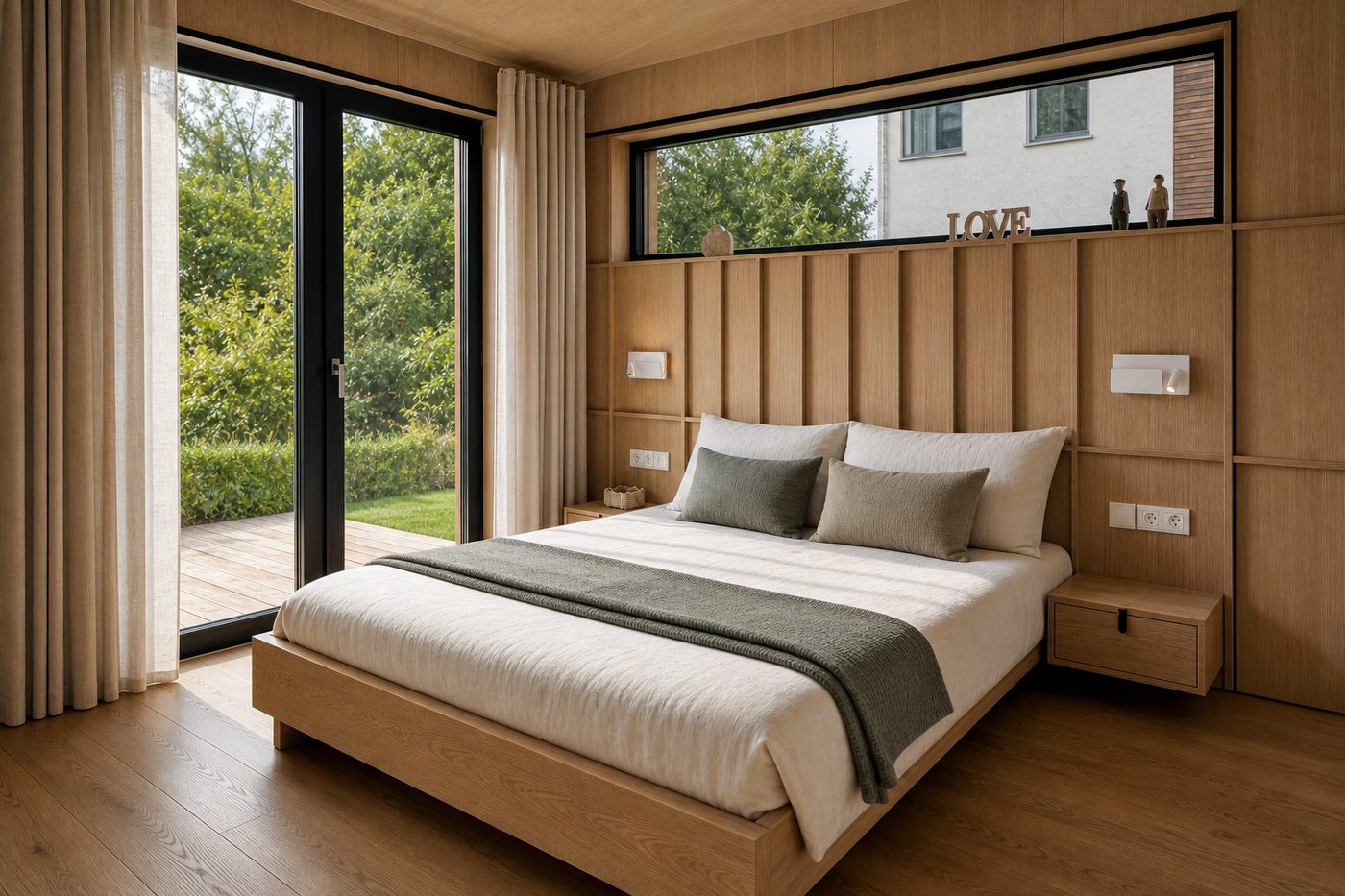 Schlafzimmer mit Holzvertäfelung, Doppelbett und bodentiefer Tür zum Garten