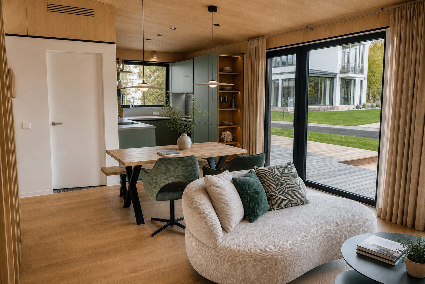 Wohn- und Essbereich des TR3M mit Sofa, Esstisch und großer Schiebetür zur Terrasse