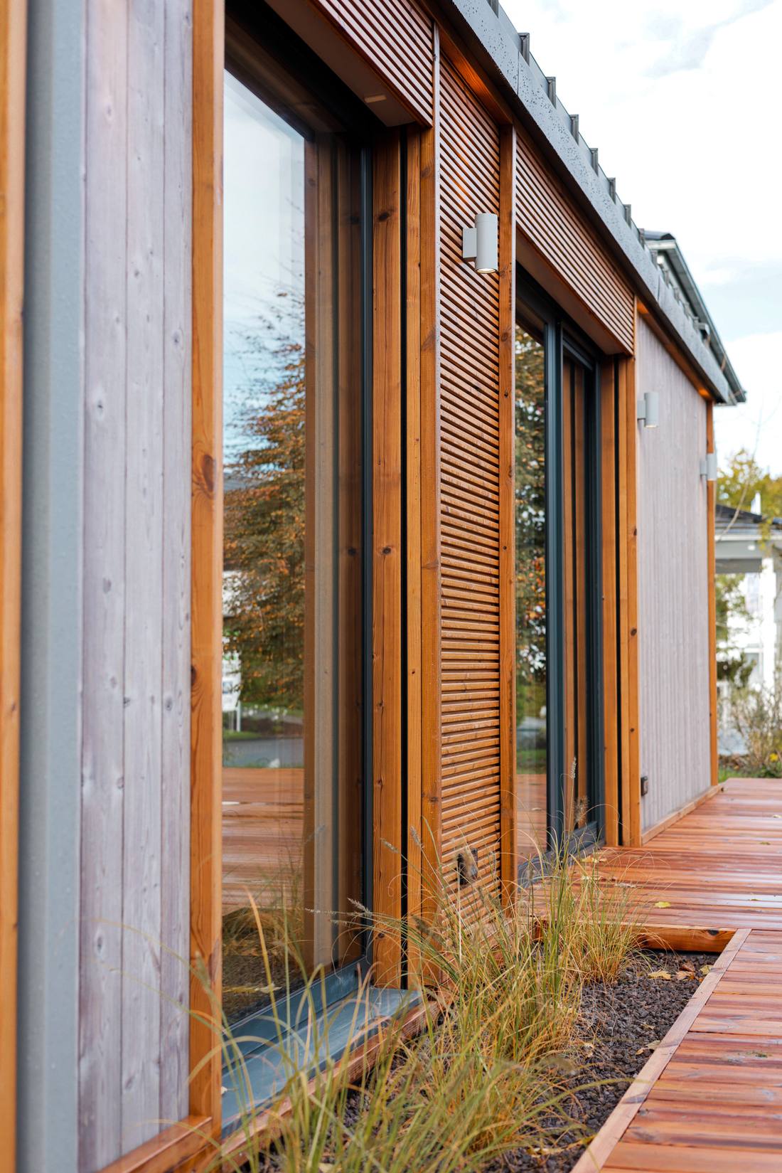 TR3M-Musterhaus in Bad Vilbel: Detailansicht der Lärchen-Holzfassade mit bodentiefen Fenstern und Ziergräsern an der Terrasse
